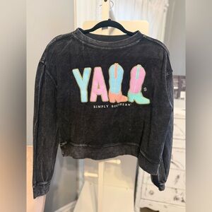 NWT SIMPLY SOUTHERN BLACK YALL BOOTS LONG SLEEVE CREW CROP TOP SWEATSHIRT